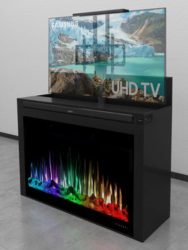 Motorized TV Case with Fireplace and Soundbar