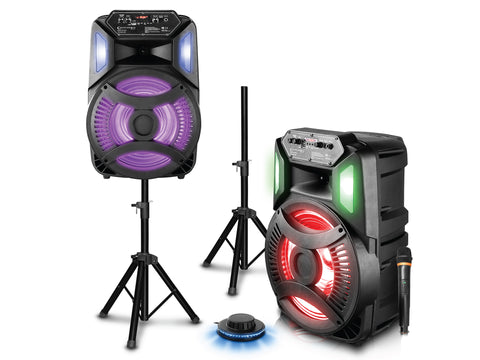 Rechargeable Bluetooth Stage Double 8" Speaker Package with Tripods and Wireless Microphone