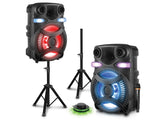 Rechargeable Pair of Wireless 15" Bluetooth LED Speaker Package with Wireless Mic & Party Light