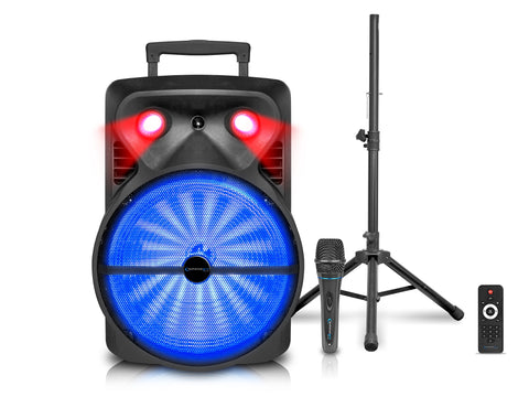 Rechargeable Pair of Wireless 12" Bluetooth LED Speaker Package with Wireless Mic & Party Light