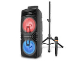 Rechargeable Bluetooth Stage Double 8" Speaker Package with Tripods and Wireless Microphone