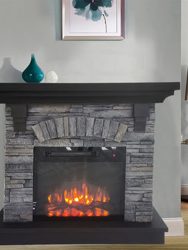 Stone Powder Mantel with Electronic Fireplace and Bluetooth Speaker System