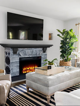 Stone Powder Mantel with Electronic Fireplace and Bluetooth Speaker System